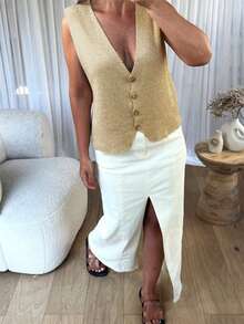 Women's Cute Casual Shiny Button Knitted Sweater Vest Top, Fashion Pullover For Summer & Autumn - Gold - View 4