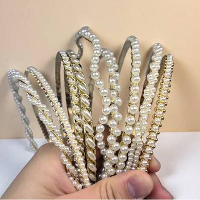 金银珍珠发箍新娘发饰，简约时尚编织链条头饰，适合日常、学校、海滩、派对、婚礼和母亲节礼物