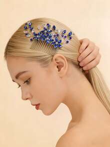 1 pieza Peine de cabello con cristal azul real y strass, accesorio de cabello nupcial con strass dorado - azul real - Ver 5