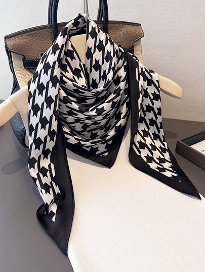 1 件经典千鸟格条纹图案仿丝绸缎面三角围巾头巾，多功能女士发带披肩，适合旅游、度假、休闲、头巾、日常通勤小领。