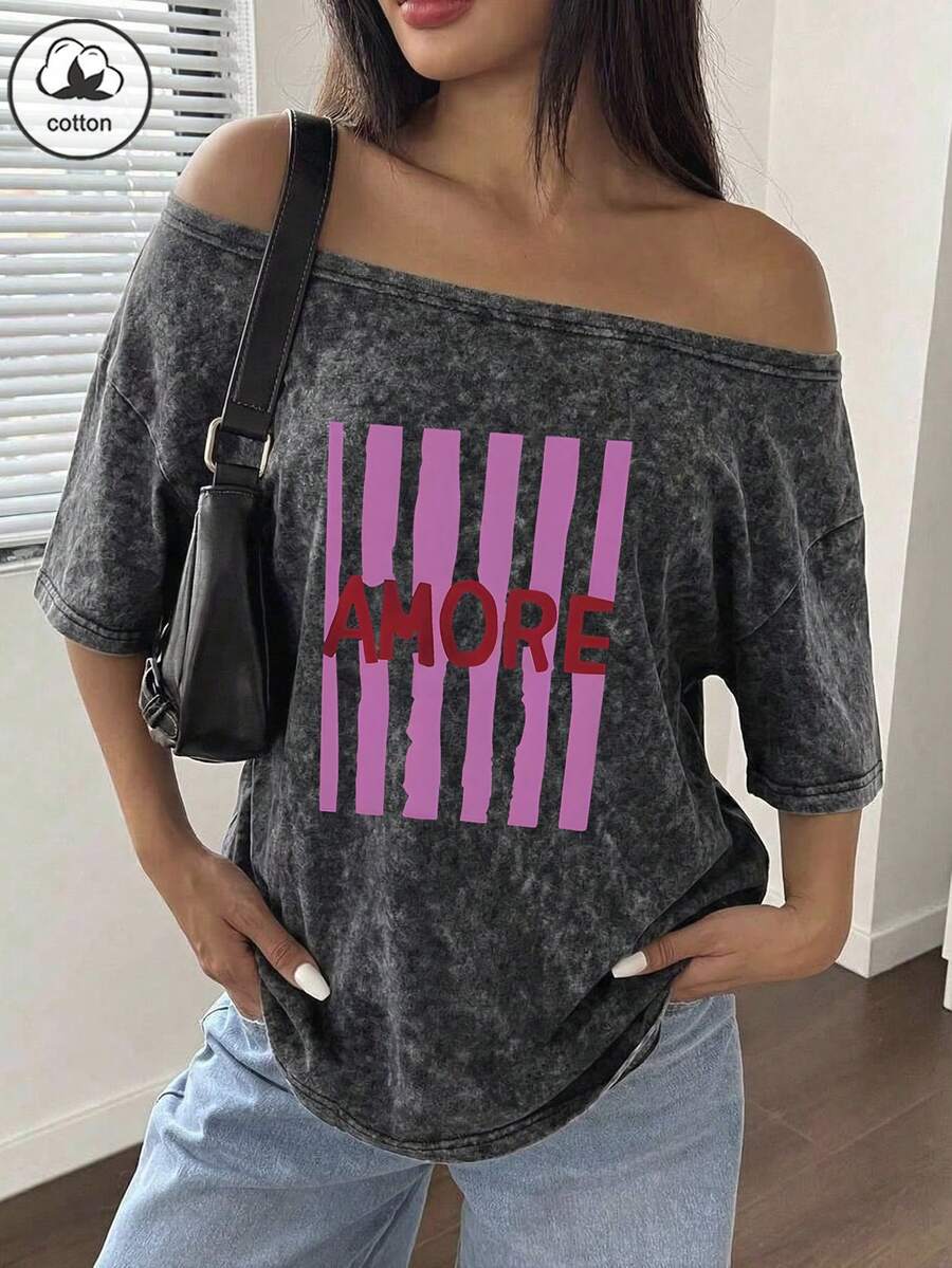 ZZG Es Trus 女士纯棉时尚趣味印花意大利浪漫条纹复古街头“AMORE”字母个性化印花街头风Y2K女装,甜美酷女孩风格黑色修身露肩短袖针织水洗T恤休闲夏季 - 黑色 - 查看 1