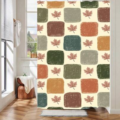 1 件复古格子树叶图案时尚拼接印花浴帘，适用于各种房间门窗、浴室装饰隔断、浴室配件、淋浴和浴缸