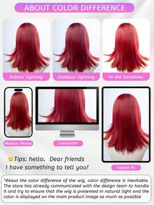 18-Inch Long Synthetic Wig Featuring A Natural Straight Style A Stunning Red. It Is Crafted From Heat-Resistant Fiber To Ensure Durability. This False Hairpiece Is Perfect For Daily Use, Offering A Natural And Realistic Appearance That Mimics. - Red - View 10