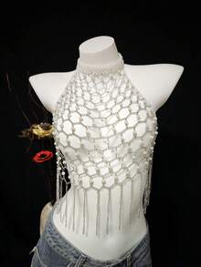 Khăn choàng mới Xuân/Hè 2026, phụ kiện bikini, dây đeo cơ thể unisex, đồ lót gợi cảm, vòng cổ ngọc trai, áo ngực trong suốt độc đáo trang trí cho tiệc tùng, lễ hội âm nhạc, hộp đêm, bãi biển, kỳ nghỉ. - ngọc trai - Xem 13