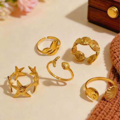 5 piezas de anillos de acero de titanio con diseño retro de estrella y serie oceánica, adecuados para uso diario, fiestas, playa, regalo para amigos