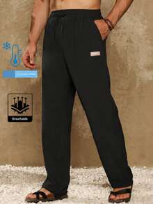 男士直筒冰丝长裤，轻盈透气面料，时尚Logo设计，运动休闲长裤，弹性腰带配抽绳 - 黑色 - 查看 2