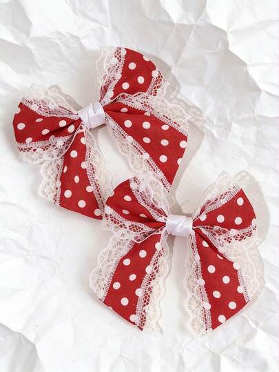 2PCS Red Polka Dot Lace Bow Hair Clip For Girls, Vacation Style Plaid Hair Clips, Fashion Accessories Suitable For Teens Girls, Daily Wear, Photo Shoots, Parties, Gifts Claw Clips Hair Claws Hair Barrettes, School Stuff, College, New Years, Festival Outfits, Best Friend Gifts Head Accessories Hairpin Hair Accessories