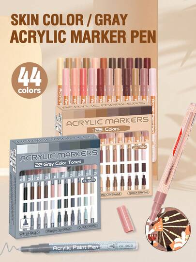 44 Colors Acrylic Paint Markers, 22 Skin Tone/Grayscale Series Acrylic Markers, Super Fine 0.7mm Tip, Smooth Writing Quick Drying, Suitable For Stone Painting, Wood, Metal, Glass, Canvas, Fine Art, Graffiti Crafts