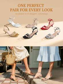 Athlefit Kitten Heels For Women Square Open Toe Strappy Low Heels Ankle Strap Dress Heeled Sandals For Prom Party Wedding - 紅色 - 查看 9