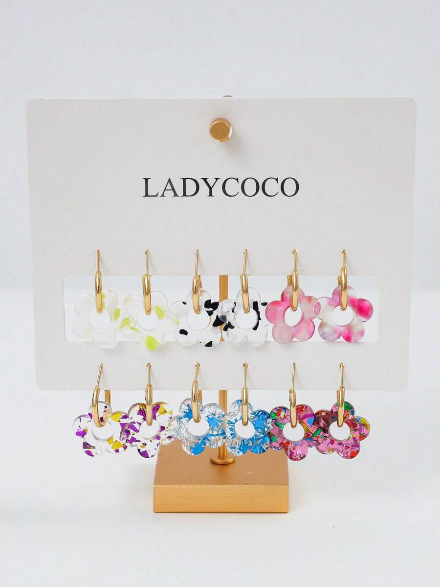 LADYCOCO 6对时尚可爱镂空花朵吊坠耳环，适合女性约会、派对和日常佩戴 - 彩色 - 查看 1