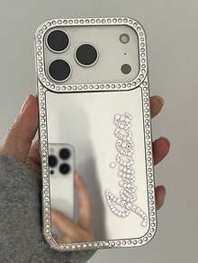 [Customized] Personalized Rhinestone Name Makeup Mirror Phone Case Compatible With IPhone 17 16 15 14 Plus 13 12 11 Pro Max 17Air, Shockproof Protective Back Cover - Silver - View 6
