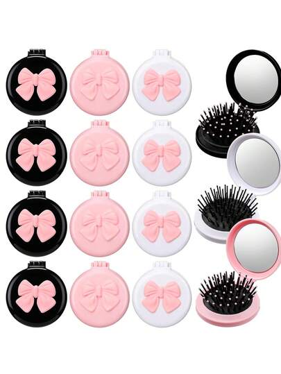 1/2/6/12/20pcs Mini Cute Foldable Mirror Comb Set, Multi-Color Bow Decor Mini Folding Hair Brush & Mirror Comb, DIY Bulk Round Scalp Massage Brush, Suitable For Women Wallet, Travel, Team, Gift, Valentine's Day Party, Family Gathering, Graduation