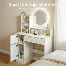 White Vanity Desk With LED Light Mirror, Makeup Table With Drawer & Storage Shelves, Multifunctional Bedroom Dresser, Perfect Gift For Women & Girls - White - View 4