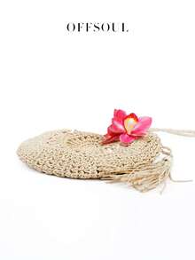French Vacation Style Floral Straw Bag, Women's Summer Beach Bag, Hollow Shell Half-Round Handmade Woven Bag, Bohemian Tassel Shoulder Bag - Beige - View 4