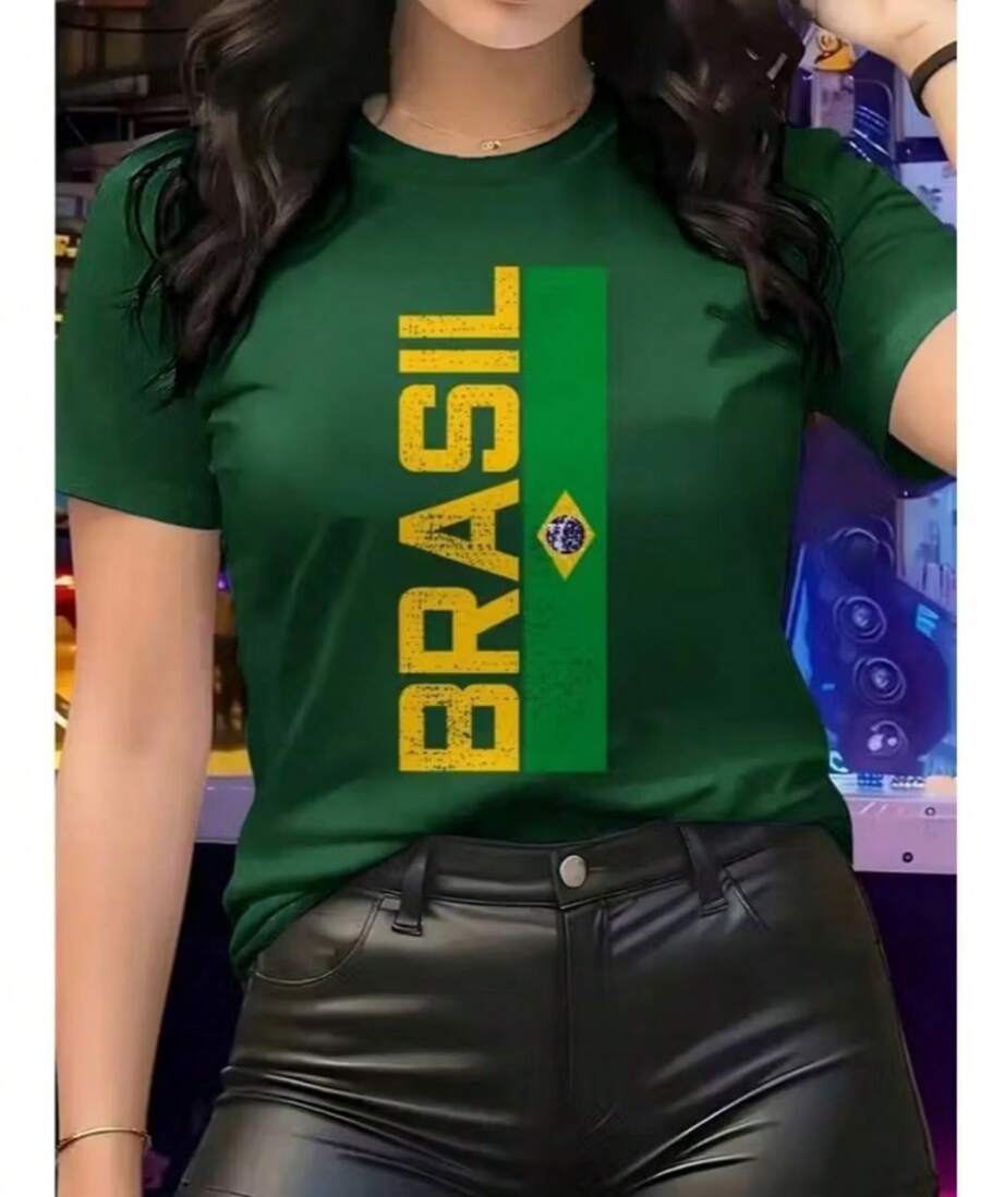 Women's Printed T-Shirt Brazil Vertical World Cup Shirt 100% Cotton Free Fast Shipping - màu xanh lá - Xem 1