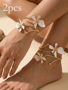 2 Stücke Boho-Stil weißer Blumen Fußkettchen für Frauen, goldfarbener floraler Wickel-Knöchelschmuck, verstellbar für Sommer Strand Urlaub Fußschmuck, elegantes Braut Hochzeit Statement Armreif Accessoire - Verschiedenfarbig - Übersicht 11