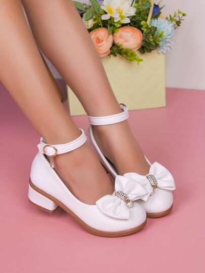 Girls' White Bow Tie Princess Shoes, Children's Mary Jane Shoes Suitable For Wedding Flower Girl, Party, Performance Dress Shoes