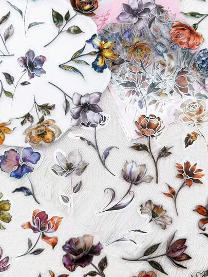 50 pièces Autocollants argentés de fleurs rétro estampés en PET pour ordinateur portable, bouteille, cahier, valise, planche à roulettes, casque, graffiti, autocollants esthétiques, fournitures de scrapbooking, papeterie, autocollants amusants, Kindle