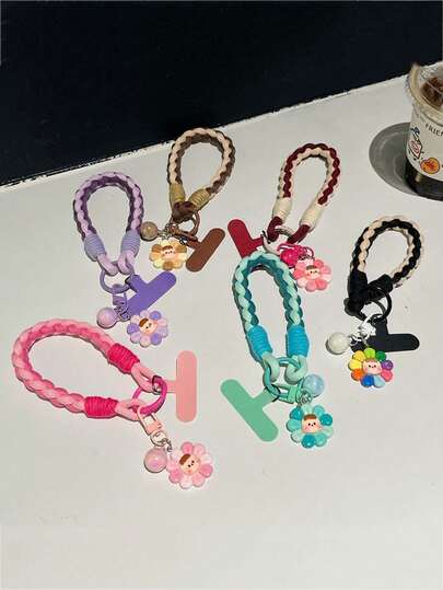 4-Strand Thick Cotton Rope Creative Sun Doll Woven Phone Lanyard, Short Wrist Style, Sturdy Anti-Lost Phone Charm