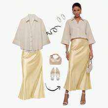 女士四季皆宜缎面弹力腰长裙 - 淡黃色 - 查看 4