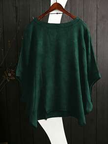 Solid Color Loose Linen Asymmetric Hem T-Shirt, Loose 3/4 Sleeve Round Neck Top, Relaxed Fit Slimming Design, Loose Batwing Sleeve Unique Top, Suitable For Commuting And Casual Wear Summer - Dark Green - View 7