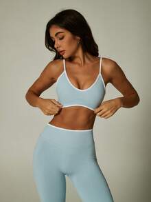 UONNOU 女士撞色无缝运动文胸和高腰瑜伽裤两件套，适合春夏健身和瑜伽 - 淺藍色 - 查看 4