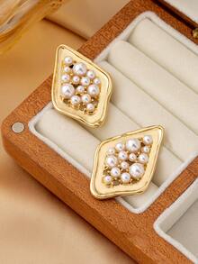 1 Pair Exaggerated Geometric Pearl Teardrop Earrings For Women - Multicolor - View 5
