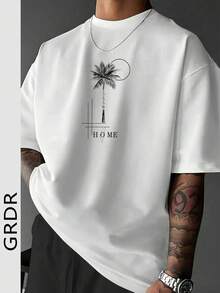 GRDR Men's Round Neck Fashionable English Slogan Palm Tree Funny Element Print Short Sleeve T-Shirt, Casual & - White - View 7