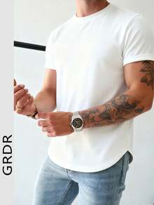 GRDR 男士圆领简约弧形下摆短袖T恤，休闲通勤百搭 - 白色 - 查看 8