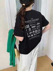 女款休閒寬鬆圓領字母與卡通印花短袖T恤，春夏百搭黑色 - 黑色 - 查看 2