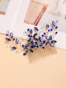 1 pieza Peine de cabello con cristal azul real y strass, accesorio de cabello nupcial con strass dorado - azul real - Ver 2