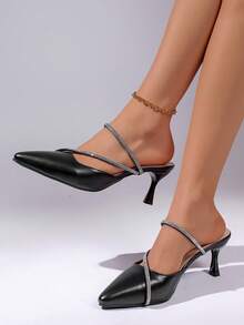 New Pointed Toe Thin Strap Backless High Heel Sandals, Kitten Heel Open Toe, Suitable For Dates, Commuting, Party, Office Wear - Black - View 4