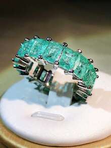 奢华帕拉伊巴公主切割绿色合成立方氧化锆戒指，女士珠宝礼品 - 白色 - 查看 3