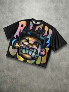 Manfinity Roghcode Men's Oversized Distressed Funny Diamond Teeth Tattoo Big Face Allover Print Cropped Loose T-Shirt (High Quality) - Hitam 2 - View 6