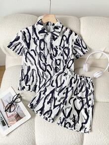 2pcs Boys' Casual Summer Vacation Zebra Print Shirt And Shorts Set - Black - View 1