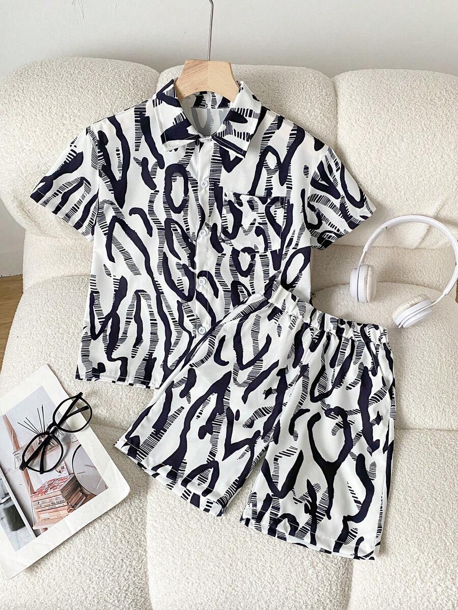 2pcs Boys' Casual Summer Vacation Zebra Print Shirt And Shorts Set - Black - View 1