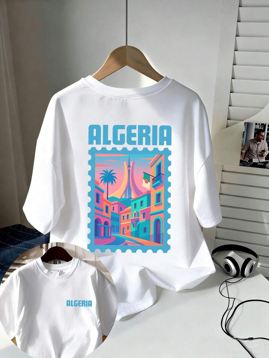 T-Shirt With Architectural Motifs From ALGERIA, Casual Short-Sleeved T-Shirt With Crew Neck, Made Of Pure Cotton, Men's T-Shirt, Casual Holiday Style, Comfortable And Well-Fitting, Suitable For Everyday Wear And Outdoor Activities, Summer Clothing, Outdoor Sportswear. - 白色 - 查看 1