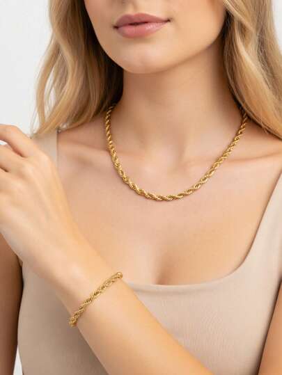 2 piezas Conjunto de collar y pulsera de cadena de cuerda dorada minimalista, joyería versátil de acero inoxidable con textura trenzada, chapada en oro de 18K