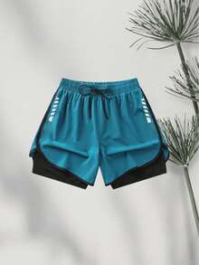 Pantalones cortos deportivos de verano para mujer - Pantalones informales de 2 en 1 para exteriores, carreras, fitness, ligeros y transpirables con cordón en la cintura y shorts elásticos estampados - Azul - Ver 3