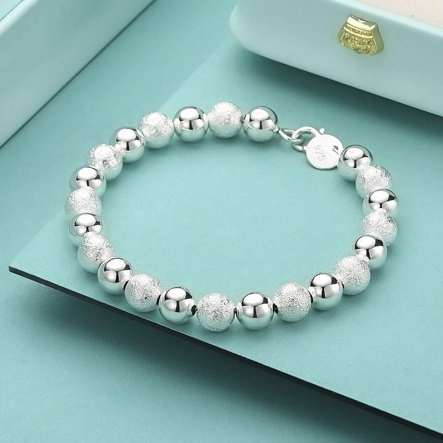 925 Silver Plated Smooth Matte Beaded Chain Bracelet Fashion Charm Wedding Party For Women Jewelry Gifts - Silver - View 1