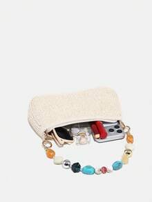 Novachic, Design Simples de Palha, Decoração Acrílica, Estilo de Verão, Praia, Bolsa de Ombro com Zíper para Mulheres, Bolsa de Axilas, Bolsa Hobo, Adequada para Uso Diário, Férias, Etc. (O Pingente de Concha Natural Pode Ter Danos Ocasionais Durante o Envio) - Bege - Visão 6