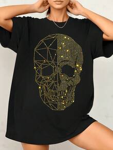 Cráneo geométrico formado por destellos dorados que simbolizan la unión entre lo efímero y la energía interior recordando la fortaleza del espíritu camiseta de mujer 220g cuello redondo casual elegante - Negro - Ver 1