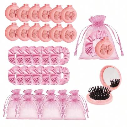 Bộ quà tặng tiệc nơ hồng - Gương gấp nơ hồng, lược du lịch mini, dây buộc tóc có gương, dây buộc tóc bằng satin, túi vải organza, thích hợp cho bé gái, có thể dùng làm quà tặng tiệc tùng, quà tặng lễ rửa tội cho bé, quà tặng năm mới và nhiều dịp khác.