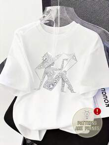Plus Size Rhinestone Graphic Short Sleeve T-Shirt, Round Neck Regular Length, Streetwear Style, Stretchy Fabric Casual White Summer - White - View 1