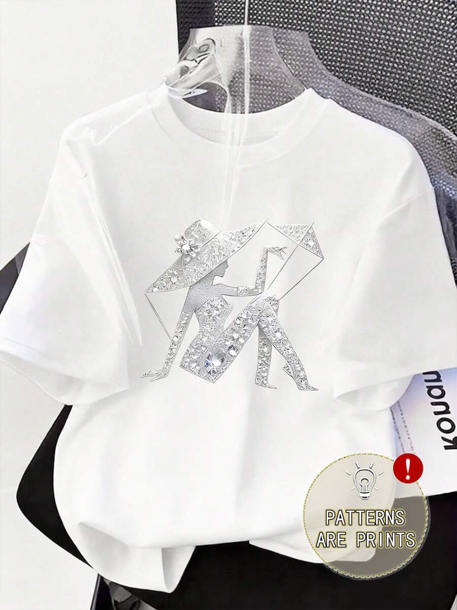 Plus Size Rhinestone Graphic Short Sleeve T-Shirt, Round Neck Regular Length, Streetwear Style, Stretchy Fabric Casual White Summer - White - View 1