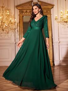 SUPGIR V-Neck Sequin Patchwork Chiffon Waist Flared Party Dress - Dark Green - View 4
