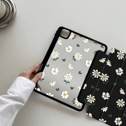 一款可爱的卡通雏菊花卉图案亚克力透明水晶后盖，防震，适用于iPad第7、8、10代（10.2英寸），内置笔槽，支持睡眠/唤醒功能，是理想的礼物之选。