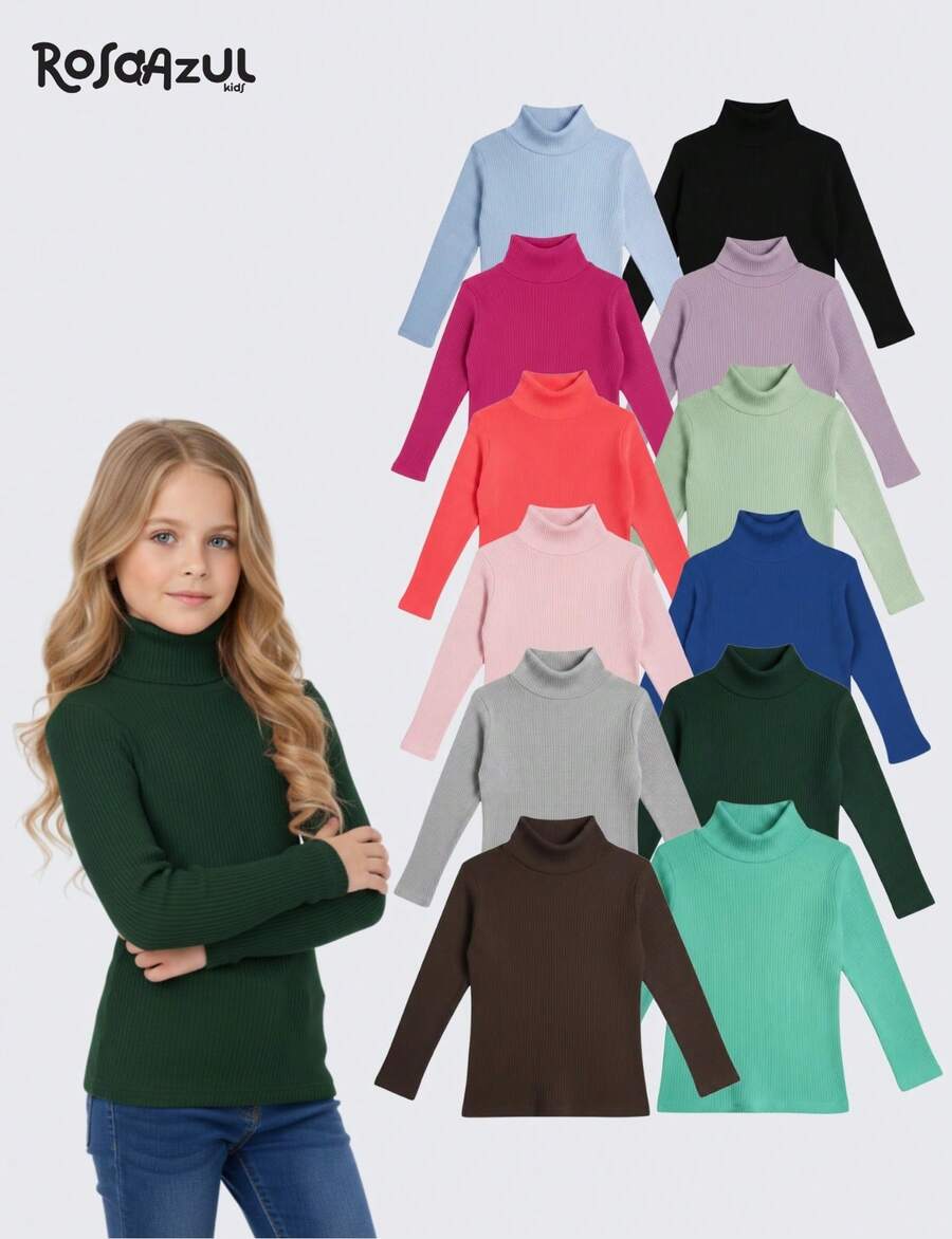 Children's Long-Sleeved High-Neck Ribbed Blouse - Light Grey - View 1