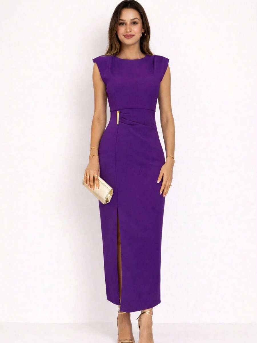 Women's Tailored Midi Dress With Elegant Slit – Formal Dress For Parties, Weddings, And Events - Màu tím - Xem 1