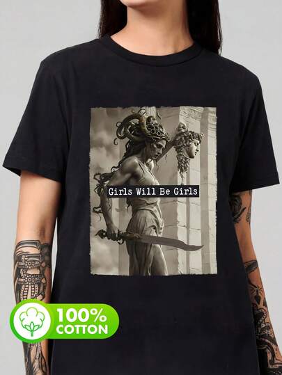 女士夏季纯棉美杜莎和珀尔修斯头像印花圆领短袖简约休闲日常黑色加大码T恤，女孩就是女孩T恤，上衣，深色学院风日常T恤